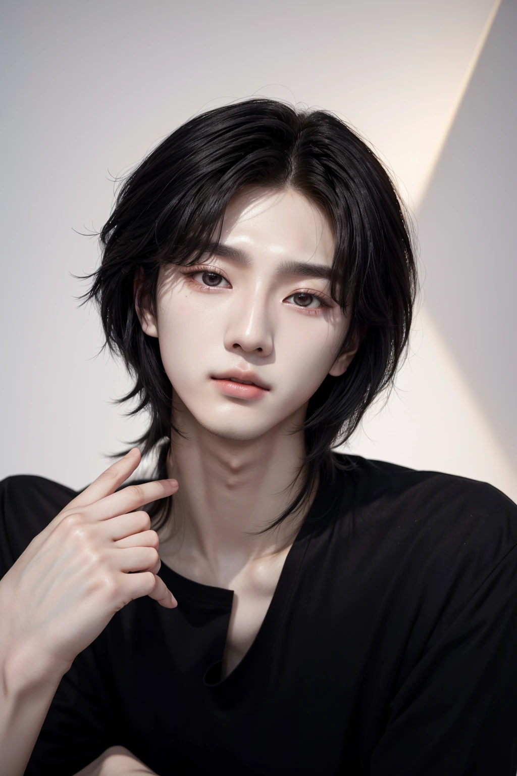 a close up of a person in a black shirt and a white shirt, cai xukun, south korean man, adorable and pale korean face, lean face, androgynous face, Jinyoung Shin, delicate androgynous prince, cute androgynous prince, androgynous person, young pale and beautiful asian face, ulzzang, delicate features, Park Seonghwa of Ateez