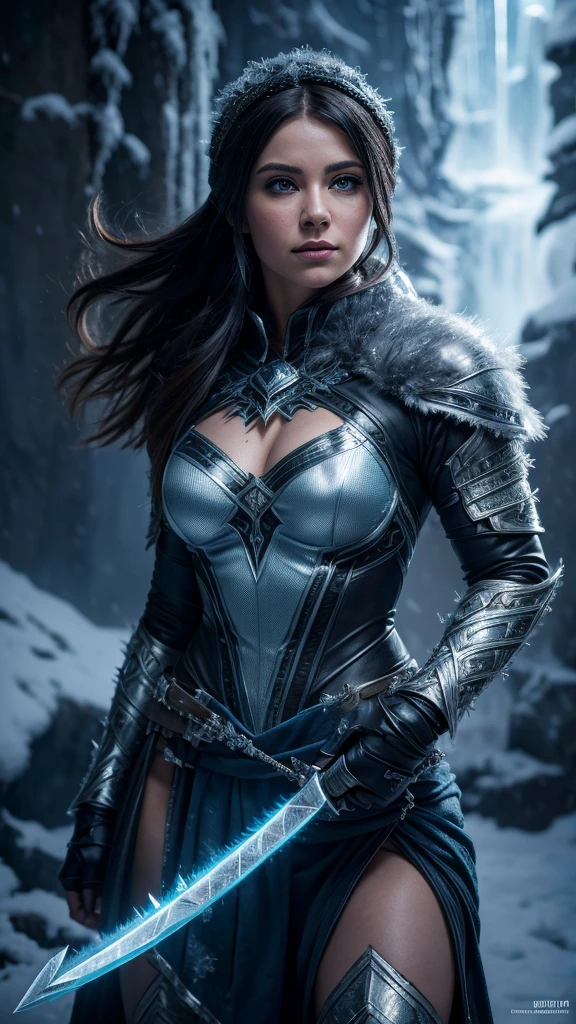 A highly detailed female superhero portrait of Frostbane, a hero who can withstand extreme cold and manipulate frost, dressed in intricate icy armor, wielding powerful winter-themed weapons, cinematic dramatic lighting, photorealistic, hyper detailed, 8k, masterpiece