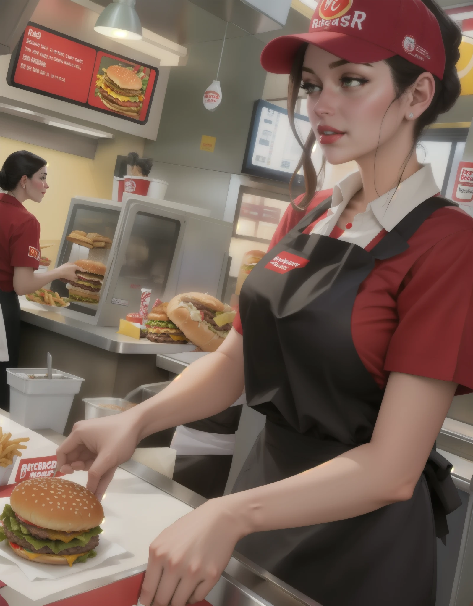 FIX background, woman in a red shirt and black  serving burgers, serving happy meals, operating on burgers, serving fries, commercial photo, candid shot, crisp detail, serving big macs, advertising photo, at the counter, fan favorite, wearing rr diner uniform, crisp details, looking partly to the left, by norman rockwell, working at mcdonalds