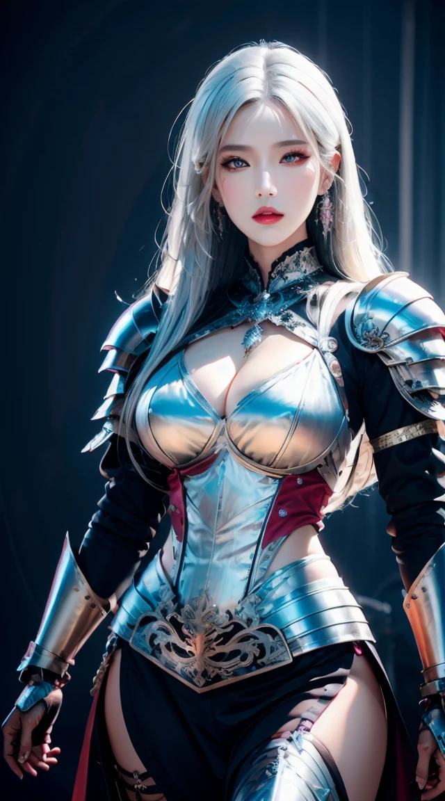 photorealistic, high resolution, 1women, shining skin, solo, jewelry, pink lips, long white hair, blue eyes, closed mouth, hips up, fantasy armor, armed with a sword, wearing heavy armor LnF