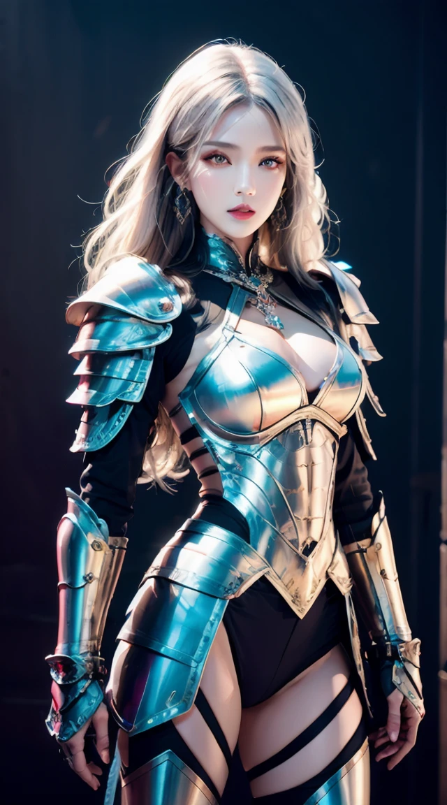 photorealistic, high resolution, 1women, shining skin, solo, jewelry, pink lips, long white hair, blue eyes, closed mouth, hips up, fantasy armor, armed with a sword, wearing heavy armor LnF