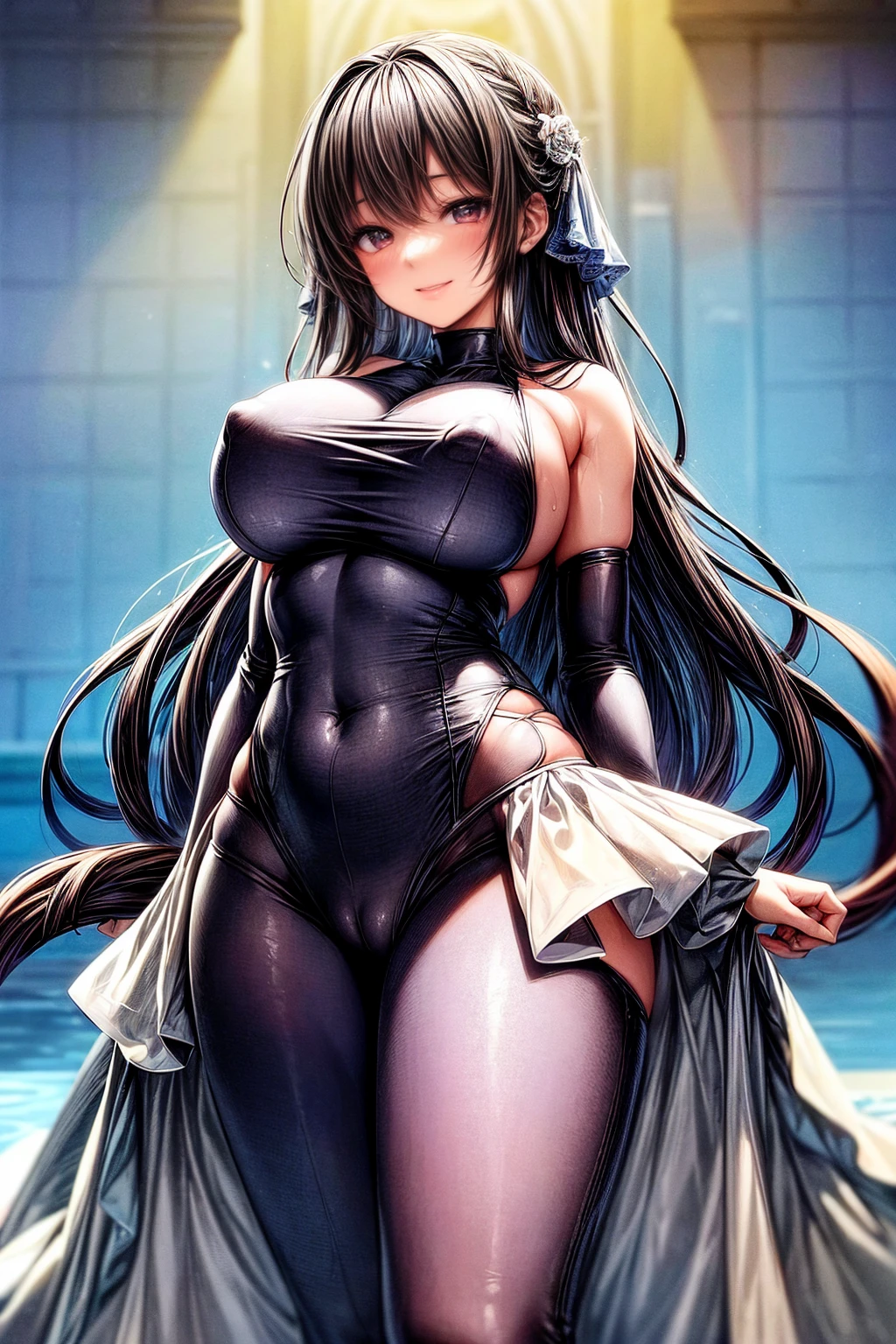 Highest quality、Detailed depiction、Large swimming pool、A large audience、One woman、25-year-old woman、(Big Breasts:1.5)、Full body competitive swimsuit、Wet skin、Show your back to the viewer、Looking up from below、The best smile、Beautiful face、Many layers of eyes、Erect nipples、Crotch line