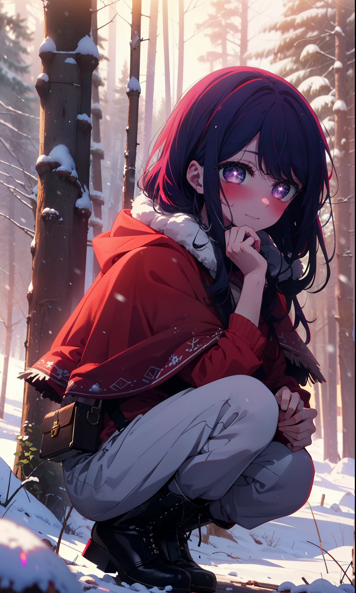 aihoshino, Ai Hoshino, Long Hair, bangs, (Purple eyes:1.1), Purple Hair, (Symbol-shaped pupil:1.5), smile,,smile,blush,White Breath,
Open your mouth,snow,Ground bonfire, Outdoor, boots, snowing, From the side, wood, suitcase, Cape, Blurred, , forest, White handbag, nature, Squat, Mouth closed, Cape, winter, Written boundary depth, Black shoes, red Cape break looking at viewer, Upper Body, whole body, break Outdoor, forest, nature, break (masterpiece:1.2), Highest quality, High resolution, unity 8k wallpaper, (shape:0.8), (Beautiful and beautiful eyes:1.6), Highly detailed face, Perfect lighting, Highly detailed CG, (Perfect hands, Perfect ???????),