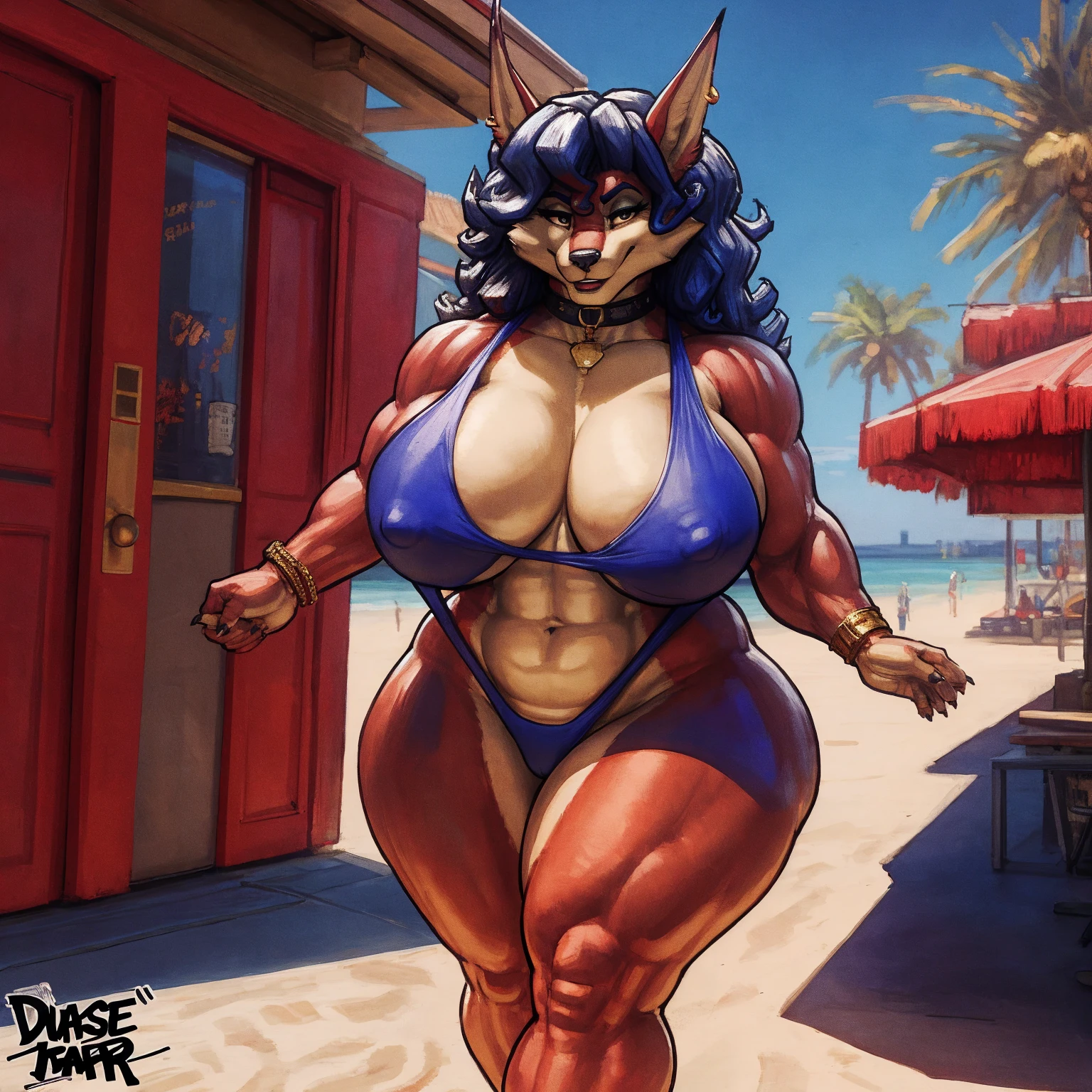 by darkgem, by duase, by BNG, by sligarthetiger, solo, 1girl, carmelita, anthro, female, older woman, furry body, wide body, wide hips, thick thighs, big arms, (huge breasts:1.1), heavy breasts, nipple outline, highly detailed eyes, milf, bare midriff, cleavage, large areolae, sling bikini, Masterpiece, best quality, absurd res, highly detailed, cleanly drawn eyes, tail, beachfront, los angeles, cute smile, walking toward viewer, casual posture, buff,