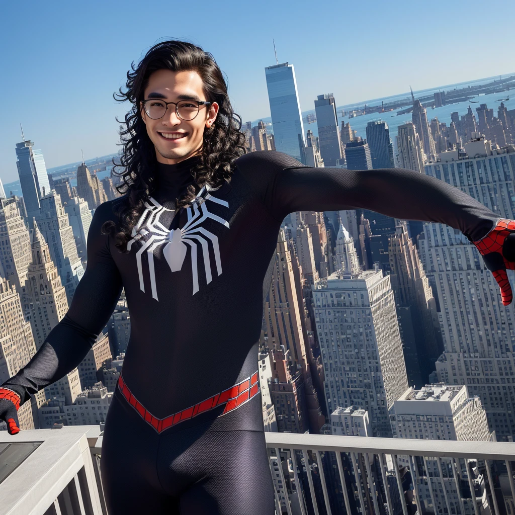 spider suit, spider web print, spider web, spider-man, Masterpiece, absurd, fine details, HDR, ((highly detailed face and eyes)), photorealistic,, focus on the eyes,, standing on the roof of a skyscraper, ((without mask)), looking at the viewer, smiling, black hair, boy focus, big hair, curly hair, round glasses, earrings, , background of New York buildings,