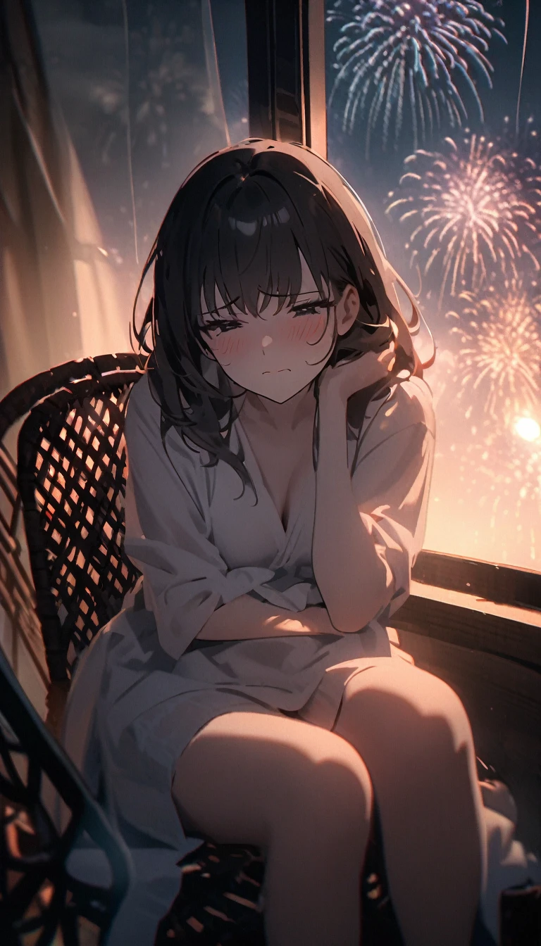 the most beautiful woman in the world, with sad expression, sitting on rattan chair and leaning against the window glass, reflection of fireworks light, wearing underwear, foggy filter effect, 2.5D, delicate and dynamic