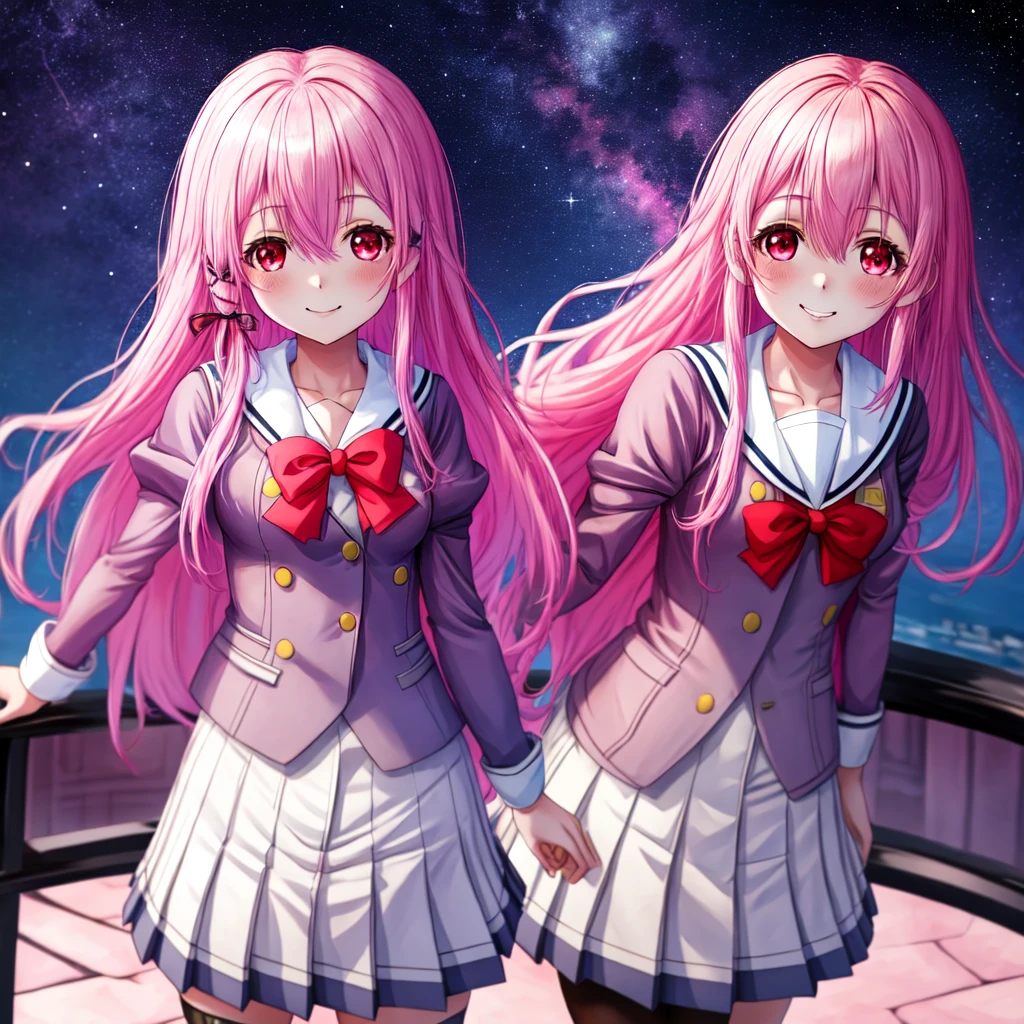 kisara，smile，Best Quality，8K，Beautiful girls，Cute uniform，blazer，cardigan，Pink Hair，Highest quality，masterpiece，Starry sky background，beautiful girl，Horny girl，