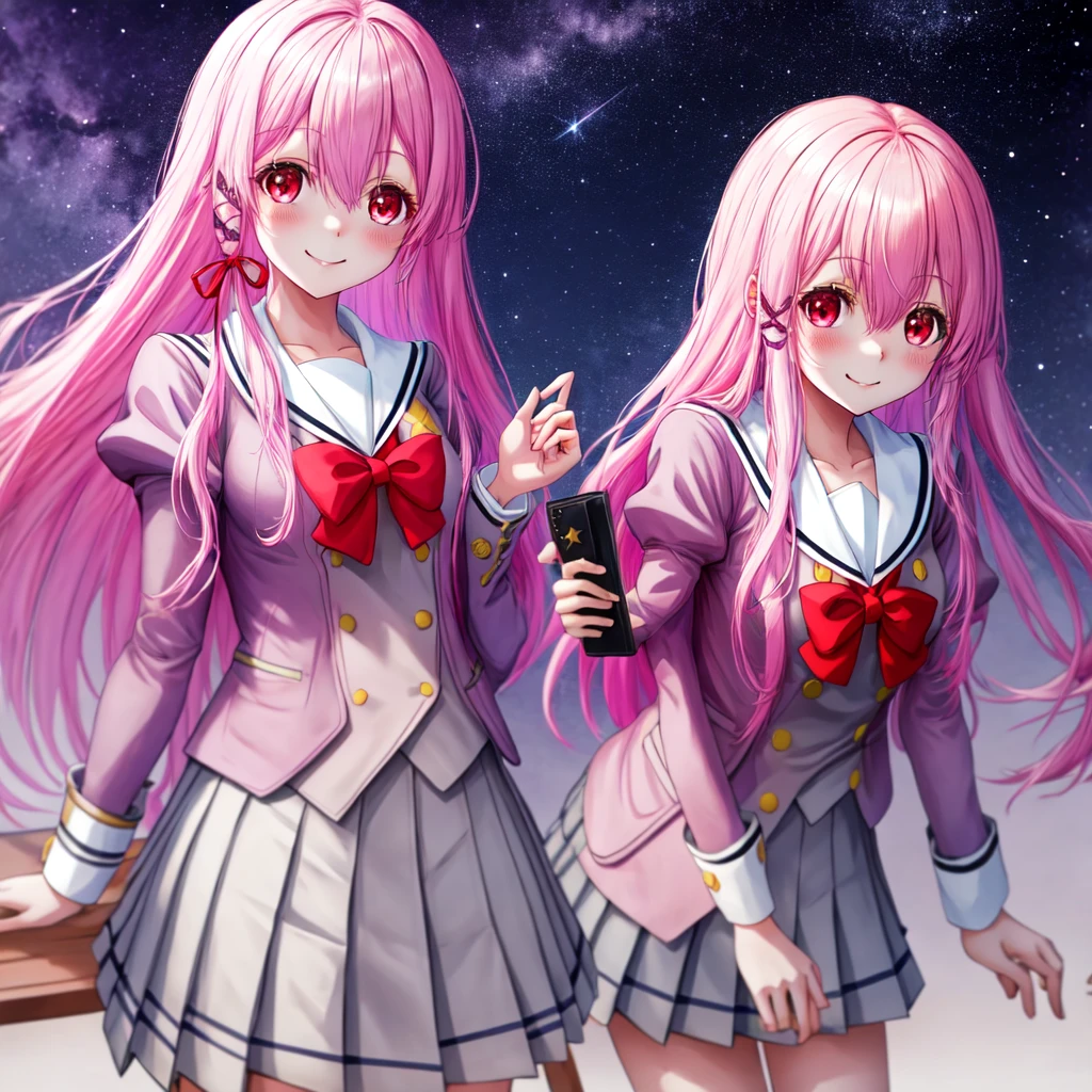 kisara，smile，Best Quality，8K，Beautiful girls，Cute uniform，blazer，cardigan，Pink Hair，Highest quality，masterpiece，Starry sky background，beautiful girl，Horny girl，