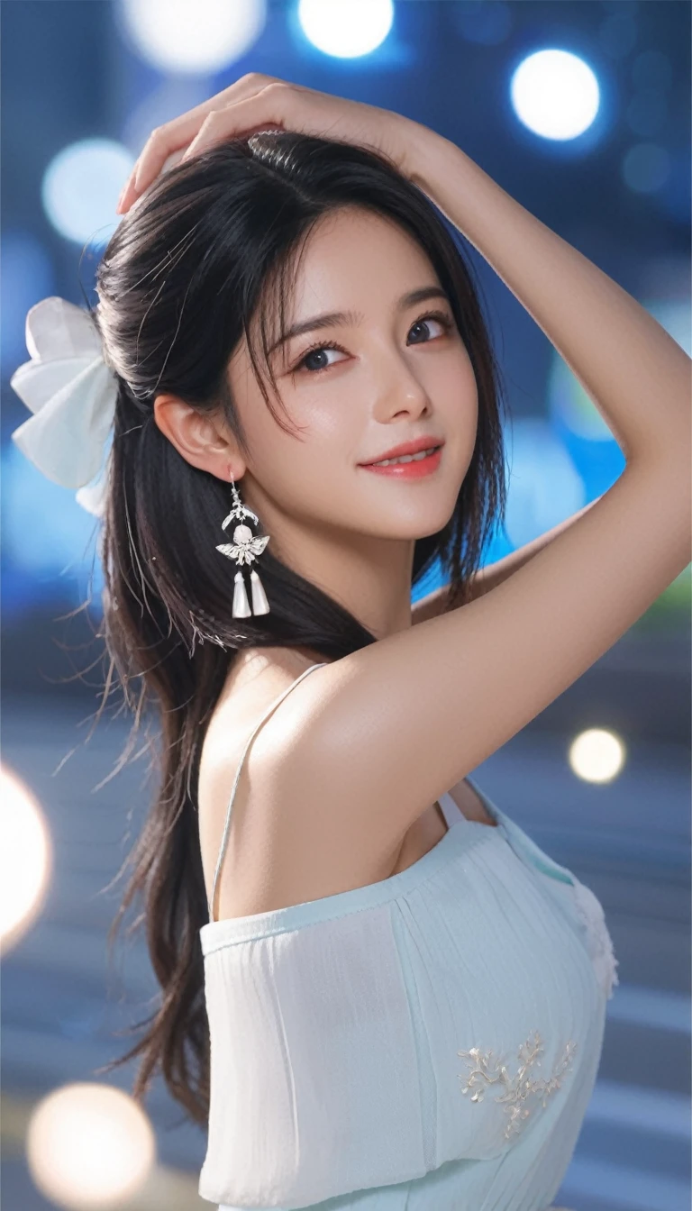 A girl,beautiful girl,Shot from waist to head、,Fine particles, Complete functions, (masterpiece), (best quality), (high quality), Intricate details, earrings, Ray Tracing, (transparent), (Bokeh), (Written border depth), Perfect skin, Happy, Black Hair, (肩より上の長さのBlack Hair),(((Light blue eyes))),