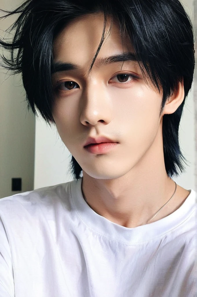 One boy、Young man with black hair（Mash Straight)((Long Hair)），With nape、Long enough to cover the earale K-Pop Idols、Levi Ackerman、Medium portrait、chop、Beautiful Model、Oval Face、Vivid、Selfie、（In a dark room）、The whole body is shown、((Full body photo))