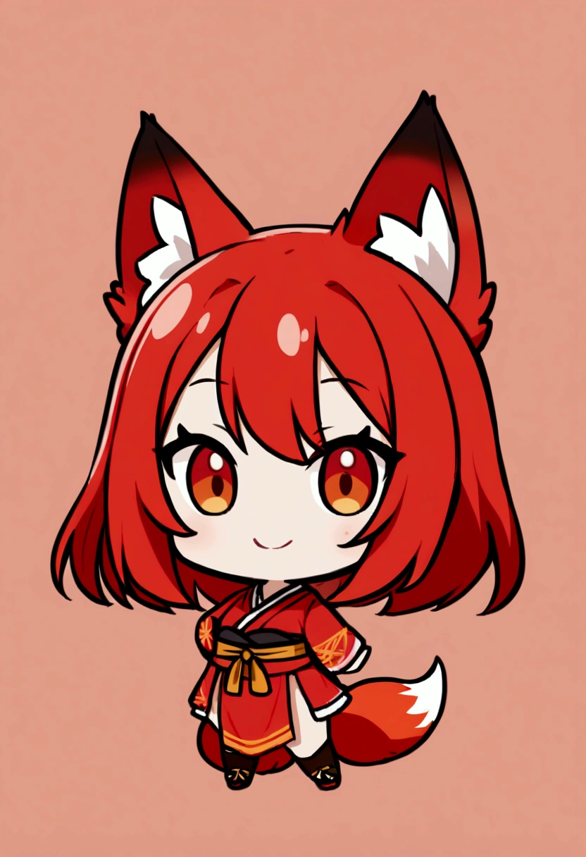 1girl with long red hair, amber eyes, fox ears, slender body, ,fox tail, red kimono, smiling, chibi style, simole background