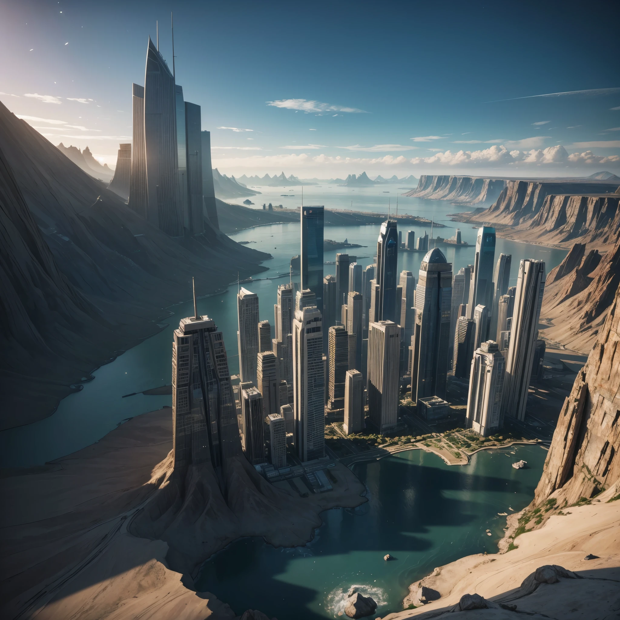 Create an ultra-realistic image of a breathtaking, futuristic cityscape set on an alien planet with conditions similar to Earth.
