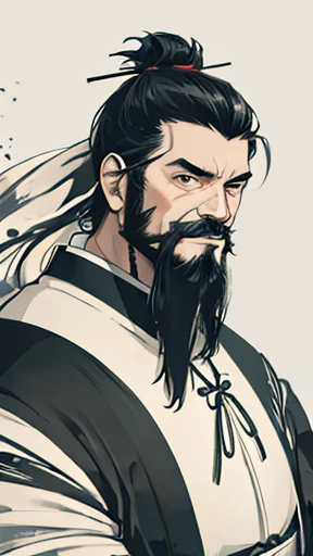 Monochrome,Oriental、(Ancient Chinese man in armor)、(ancient chinese hairstyle male)、As seen in the Romance of the Three Kingdoms々military commander、Highest quality、masterpiece、Ultra-high resolution、(Realistic:1.4)、Game Poster、Crisp and beautiful image quality、Long beard、Embroidered cloth wrapped around a topknot、whole body ,((Skin of color, ),(long heavy black beard):1.2), ( (Very detailed, bloom:1.5), (Highest quality, Concept Art, 4K), (analog:1.2), (high sharpness), (Detailed pupil:1.1), (Painting:1.1), (digital Painting:1.1), Detailed face and eyes, masterpiece, Highest quality, (Very detailed写真:1.1), 8K, photoRealistic, (Black Hair, Dynamic Short Hair), (PurerosFace_v1:0.2), [:(Detailed face:1.2):0.2], sharp, Realistic, Realistic Shadow, 