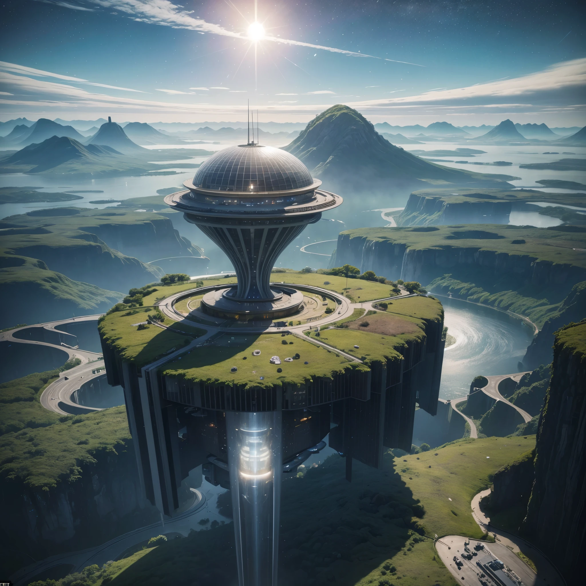 Create an ultra-realistic image of a utopian, futuristic cityscape set on a man-made planetoid or artificial satellite. The scene should showcase the pinnacle of human potential and technological advancement.
The city should be a harmonious blend of advanced technology and natural beauty, with sleek, modern architecture featuring towering skyscrapers made of reflective materials, lush vertical gardens, and integrated solar panels. The buildings should have a flowing, organic design, seamlessly blending with the surrounding environment.
Fill the sky with flying vehicles, such as sleek, futuristic ships and hovercrafts, moving smoothly through well-organized aerial highways. Drones of various sizes should be seen everywhere, performing a variety of tasks from delivery to maintenance, adding to the sense of a highly efficient and advanced society.
Include elements inspired by movies like Interstellar, such as large rotating habitats that simulate gravity, massive space stations, and advanced agricultural domes. The ground level should feature beautifully landscaped parks with trees, flowers, and water features, where people can be seen enjoying the serene environment.
The background should reveal the vastness of space, with stars, distant planets, and a stunning view of Earth. The artificial planetoid should have large windows or transparent sections that offer breathtaking views of the cosmos.
Add small details like holographic displays, robotic assistants interacting with humans, and futuristic public transportation systems. The overall scene should evoke a sense of awe and inspiration, highlighting the limitless possibilities of human ingenuity and cooperation in a utopian future