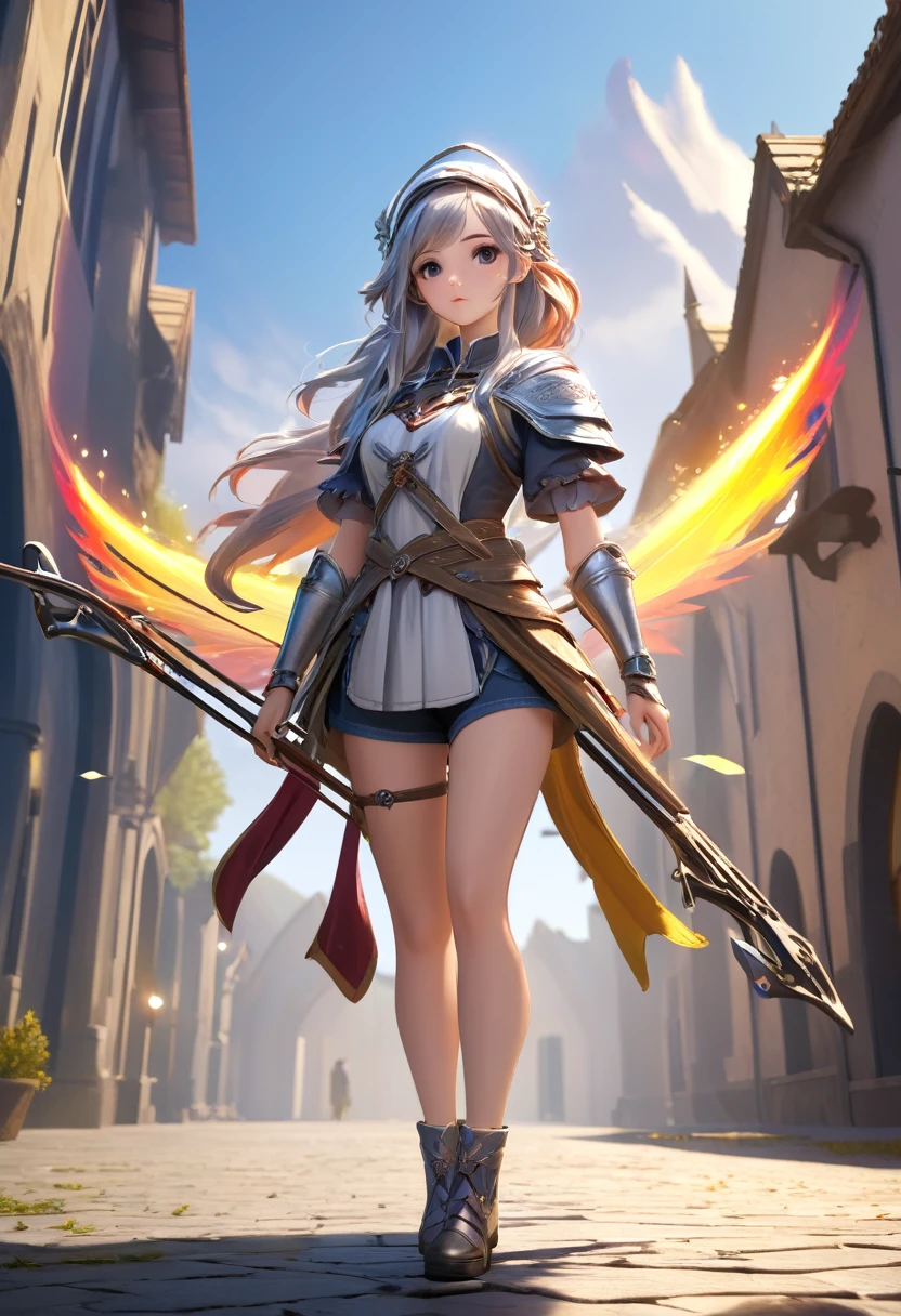 (8 k, Photos in RAW format, top quality, masterpiece: 1.2), (high quality), ray tracing, HDR, (high detail), (face detail), (Shadow details), (Expanded), 3d, 3D rendering, 1 girl, One, masterpiece, Best quality, high quality, A high resolution, 4K, Looking at the viewer, rainbow medieval girl, concept, halo overhead, full length, standing on my feet, shorts, silver bracelets, dressed, ( fire crossbow in bows )
