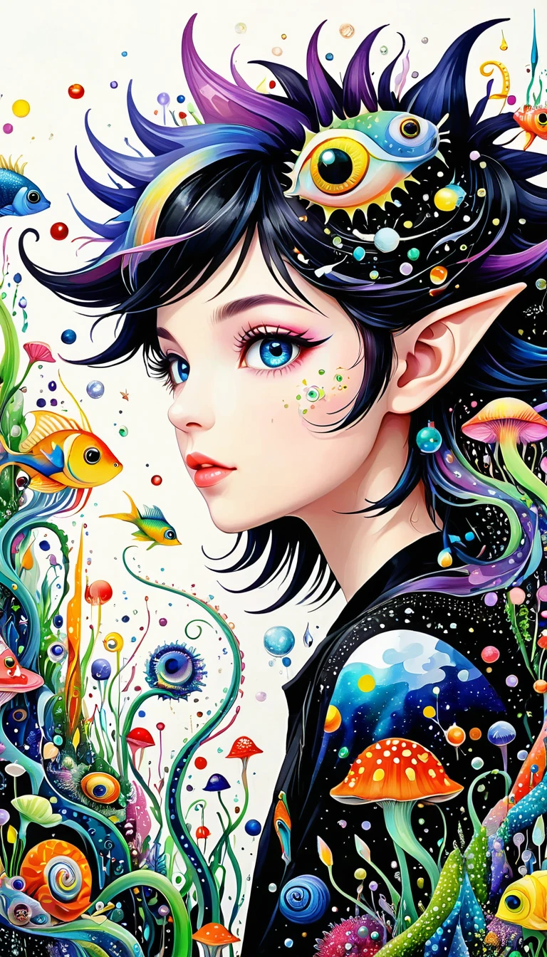 Three-dimensional painting。Elf。Spiky hair,Artists from the stars,Colorful black,A world of color,Dopamine,mouth,A cloud、snails、iris、fish、Tentacles、bird、Eye、diatom,Abstract mosaic painting,Describing the inner world of autism,Sense of space,White Space,interesting,Innocence,Psychedelic Art,Black overall