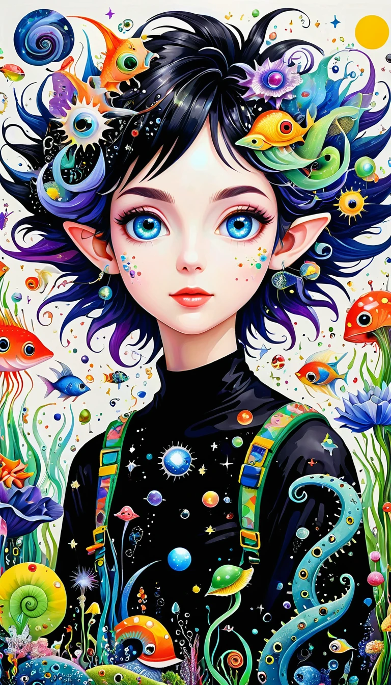 Three-dimensional painting。Elf。Spiky hair,Artists from the stars,Colorful black,A world of color,Dopamine,mouth,A cloud、snails、iris、fish、Tentacles、bird、Eye、diatom,Abstract mosaic painting,Describing the inner world of autism,Sense of space,White Space,interesting,Innocence,Psychedelic Art,Black overall