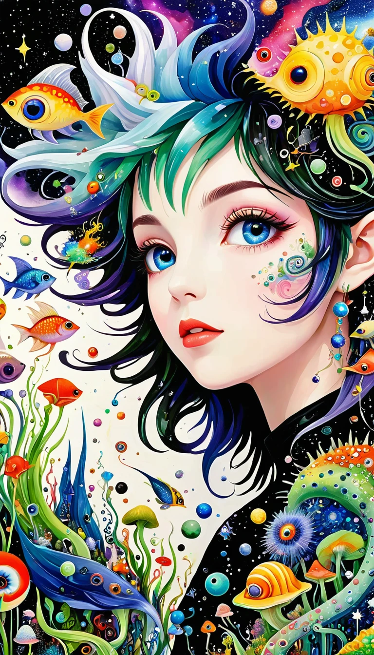 Three-dimensional painting。Elf。Spiky hair,Artists from the stars,Colorful black,A world of color,Dopamine,mouth,A cloud、snails、iris、fish、Tentacles、bird、Eye、diatom,Abstract mosaic painting,Describing the inner world of autism,Sense of space,White Space,interesting,Innocence,Psychedelic Art,Black overall
