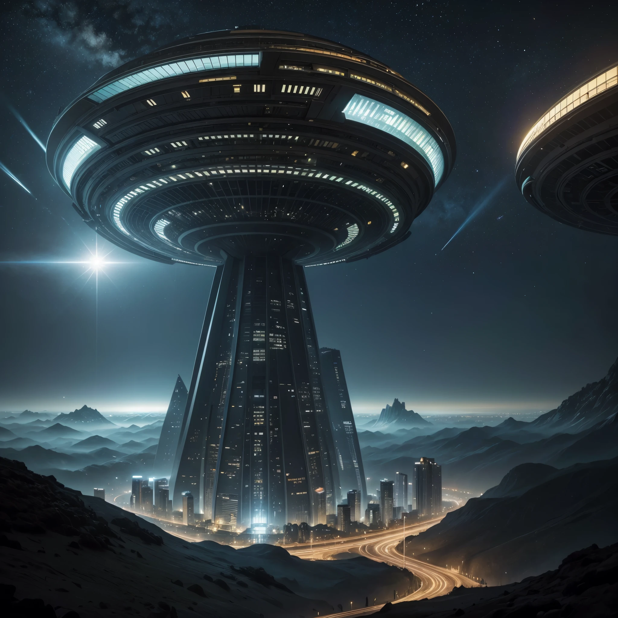 Create an ultra-realistic image of a breathtaking, futuristic cityscape set on an alien planet with conditions similar to Earth. This planet should have stunning rings made of rock and debris, resembling a moon that has shattered. The rings should be visible in the sky, adding a dramatic and surreal element to the landscape.

The city should blend advanced technology with the natural beauty of the alien environment. The architecture should feature sleek, reflective skyscrapers with flowing, organic designs, integrated with lush, vertical gardens and solar panels. These buildings should seamlessly blend into the surrounding landscape.

The sky should be filled with flying vehicles, such as futuristic ships and hovercrafts, moving through well-organized aerial highways. Drones of various sizes should be seen everywhere, performing tasks like delivery and maintenance, highlighting the efficiency and advancement of this society.

Incorporate large rotating habitats that simulate gravity, massive space stations, and advanced agricultural domes inspired by movies like Interstellar. The ground level should have beautifully landscaped parks with alien flora, bioluminescent plants, and serene water features where inhabitants can be seen enjoying the environment.

The background should reveal the vastness of space, with stars, distant planets, and the rings of the shattered moon visible in the sky. The artificial planetoid should have large windows or transparent sections offering breathtaking views of the cosmos.

Add small details like holographic displays, robotic assistants interacting with inhabitants, and futuristic public transportation systems. The overall scene should evoke a sense of awe and inspiration, showcasing the limitless possibilities of human ingenuity and cooperation in a utopian future on an alien world.