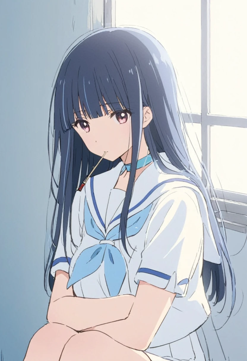 Blue Hair、Long Hair、Straight Hair、Neat bangs、(/Yorozuka Mizore\)、Anime characters、He is holding the small, thin double reed of the instrument in his mouth.、Beautifully shaped double reed、girl、Expressionless、Apathy、Apathyの目、Leaning against the wall、Sunlight streaming through the window、A corner of the classroom、Upper body only、Sitting、Arms around knees、Arms slightly crossed、Short-sleeved sailor suit with light blue collar、A white sailor suit with a light blue ribbon