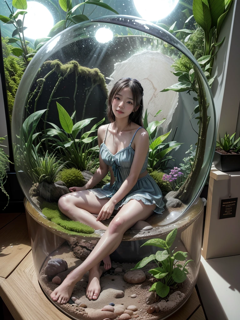 (In 8K、Highest quality、masterpiece:1.2)、(Realistic、Photorealistic:1.2)、There is a girl sitting in a bubble in the garden., Photo credit: AP, Fulldome, 超Realistic, Biopod, Water flows in the terrarium, Sitting on a cryopod, Biodome, 超Realistic, Full shot of the landscape, Inside the globe, Awe-inspiring Awards, in the zoo exhibit, Unusual configuration