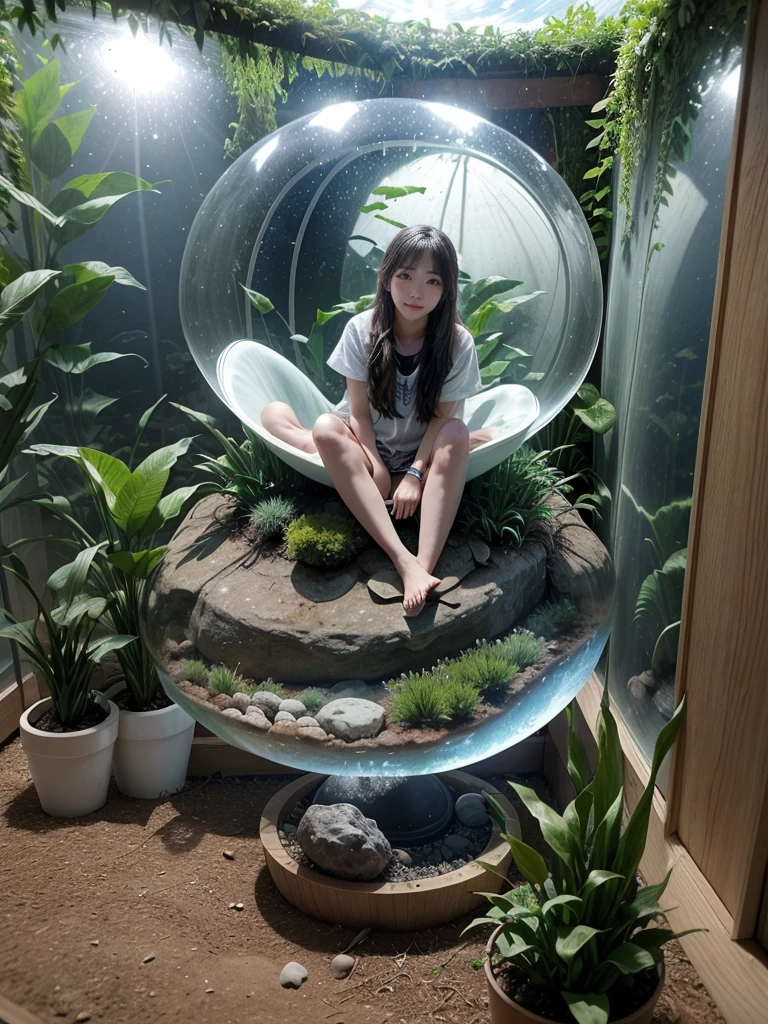 (In 8K、Highest quality、masterpiece:1.2)、(Realistic、Photorealistic:1.2)、There is a girl sitting in a bubble in the garden., Photo credit: AP, Fulldome, 超Realistic, Biopod, Water flows in the terrarium, Sitting on a cryopod, Biodome, 超Realistic, Full shot of the landscape, Inside the globe, Awe-inspiring Awards, in the zoo exhibit, Unusual configuration