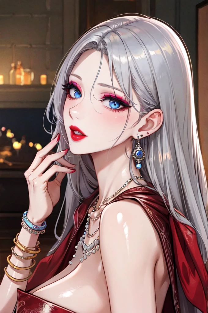 Beautiful lady , detailed face, big silver jhumka earrings, makeup,white skin,sharp jawline ,big earrings, bracelet, delicate necklace ,big breasts,blue eyes ,red lipstick, leather dress