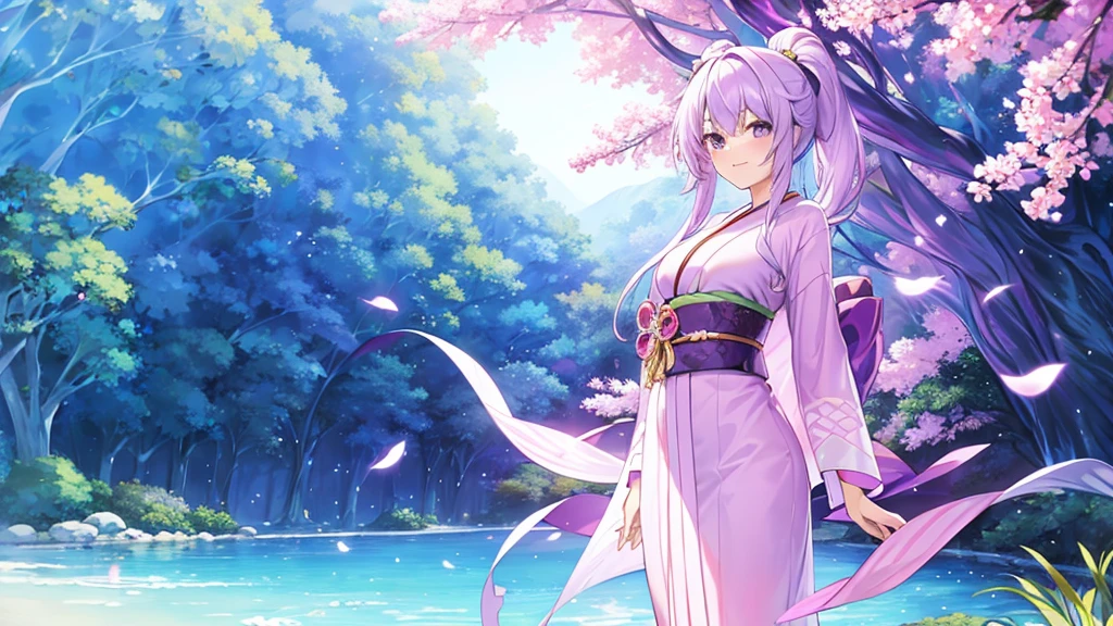 woman clear Light purple hair kimono Anime Style treasure