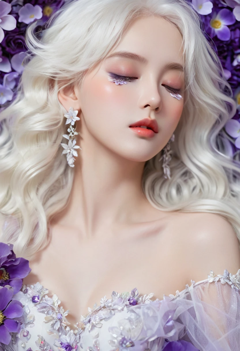 Masterpiece，Dazzling multicolored light，ultra detailed，A girl.，In the flowers，**** a sleeping princess，Earrings，White feather tulle，Long white eyelashes，Extra-long hair is slightly curly，White hair，(Hair takes up the entire frame)，a charming face，Glowing lips，clavicle，Shoulder exposure，Floating petals，Dreamy and beautiful，The characters are thick and painted.，Fine strokes，Wallpaper，The background is graded with white and purple，anime aesthetic，Poolcoreanime beauty，Hyperrealism，sparkle，textured skin，super detail，best quality，8k， ,
