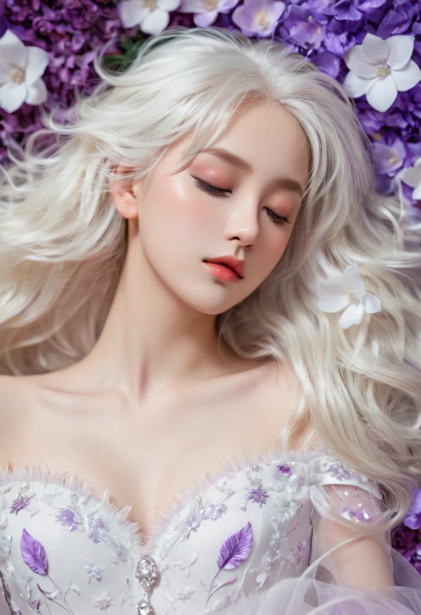 Masterpiece,Dazzling multicolored light,ultra detailed,A girl.,In the flowers,**** a sleeping princess,Earrings,White feather tulle,Long white eyelashes,Extra-long hair is slightly curly,White hair,(Hair takes up the entire frame),a charming face,Glowing lips,clavicle,Shoulder exposure,Floating petals,Dreamy and beautiful,The characters are thick and painted.,Fine strokes,Wallpaper,The background is graded with white and purple,anime aesthetic,Poolcoreanime beauty,Hyperrealism,sparkle,textured skin,super detail,best quality,8k, ,
