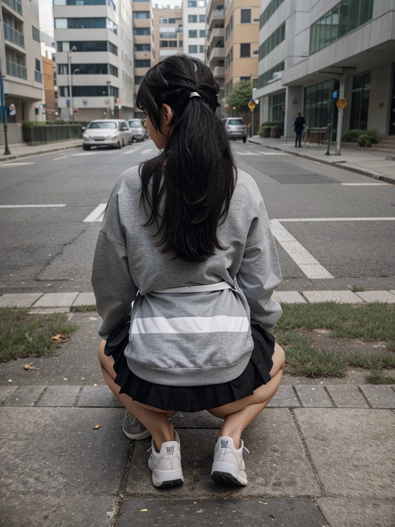 Create a detailed description of a scene where a person is feeding a stray cat by the side of the road. The person is wearing headphones, a grey sweatshirt, and a pleated skirt. They are kneeling down near a white car and a flight of stairs in an urban setting.

The person in the scene has long, straight, black hair that cascades down their back. The hair contrasts against the light-colored headphones they are wearing.