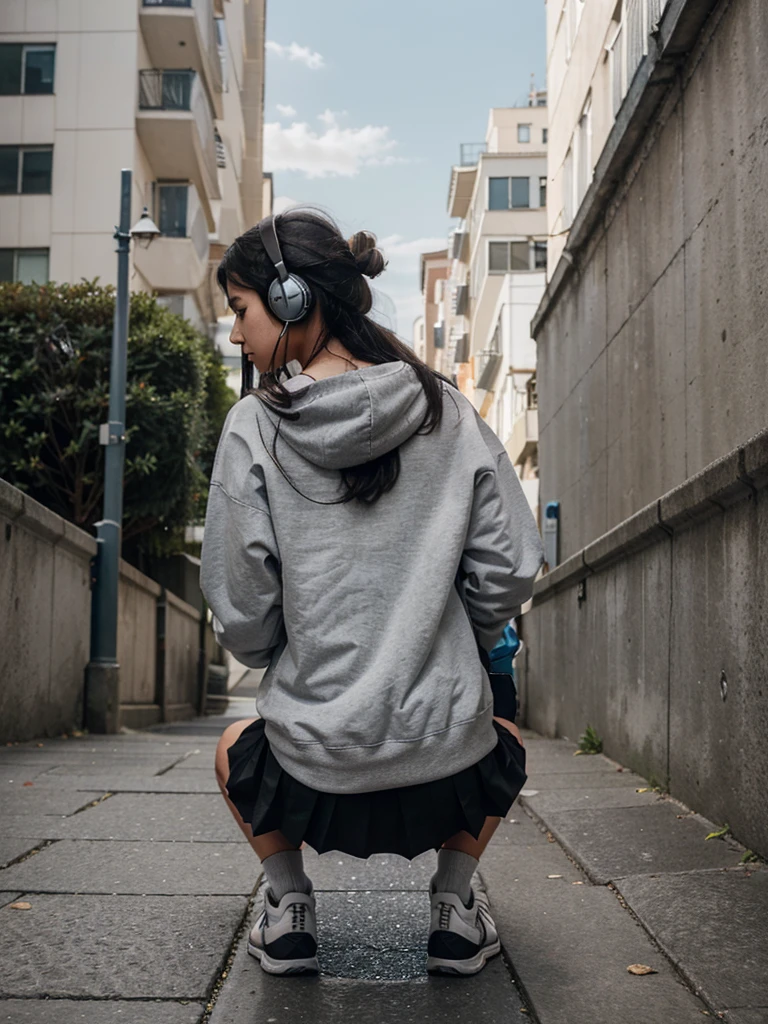 Create a detailed description of a scene where a person is feeding a stray cat by the side of the road. The person is wearing headphones, a grey sweatshirt, and a pleated skirt. They are kneeling down near a white car and a flight of stairs in an urban setting.

The person in the scene has long, straight, black hair that cascades down their back. The hair contrasts against the light-colored headphones they are wearing.