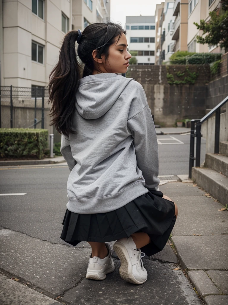 Create a detailed description of a scene where a person is feeding a stray cat by the side of the road. The person is wearing headphones, a grey sweatshirt, and a pleated skirt. They are kneeling down near a white car and a flight of stairs in an urban setting.

The person in the scene has long, straight, black hair that cascades down their back. The hair contrasts against the light-colored headphones they are wearing.