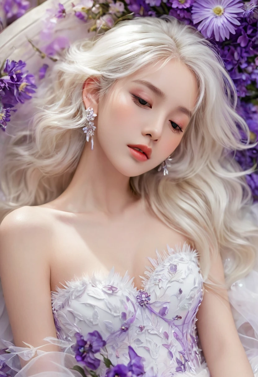 Masterpiece,Dazzling multicolored light,ultra detailed,A girl.,In the flowers,**** a sleeping princess,Earrings,White feather tulle,Long white eyelashes,Extra-long hair is slightly curly,White hair,(Hair takes up the entire frame),a charming face,Glowing lips,clavicle,Shoulder exposure,Floating petals,Dreamy and beautiful,The characters are thick and painted.,Fine strokes,Wallpaper,The background is graded with white and purple,anime aesthetic,Poolcoreanime beauty,Hyperrealism,sparkle,textured skin,super detail,best quality,8k, ,