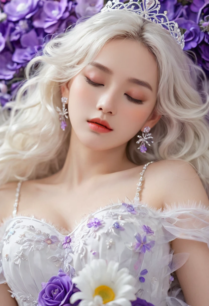 Masterpiece，Dazzling multicolored light，ultra detailed，A girl.，In the flowers，**** a sleeping princess，Earrings，White feather tulle，Long white eyelashes，Extra-long hair is slightly curly，White hair，(Hair takes up the entire frame)，a charming face，Glowing lips，clavicle，Shoulder exposure，Floating petals，Dreamy and beautiful，The characters are thick and painted.，Fine strokes，Wallpaper，The background is graded with white and purple，anime aesthetic，Poolcoreanime beauty，Hyperrealism，sparkle，textured skin，super detail，best quality，8k， ,
