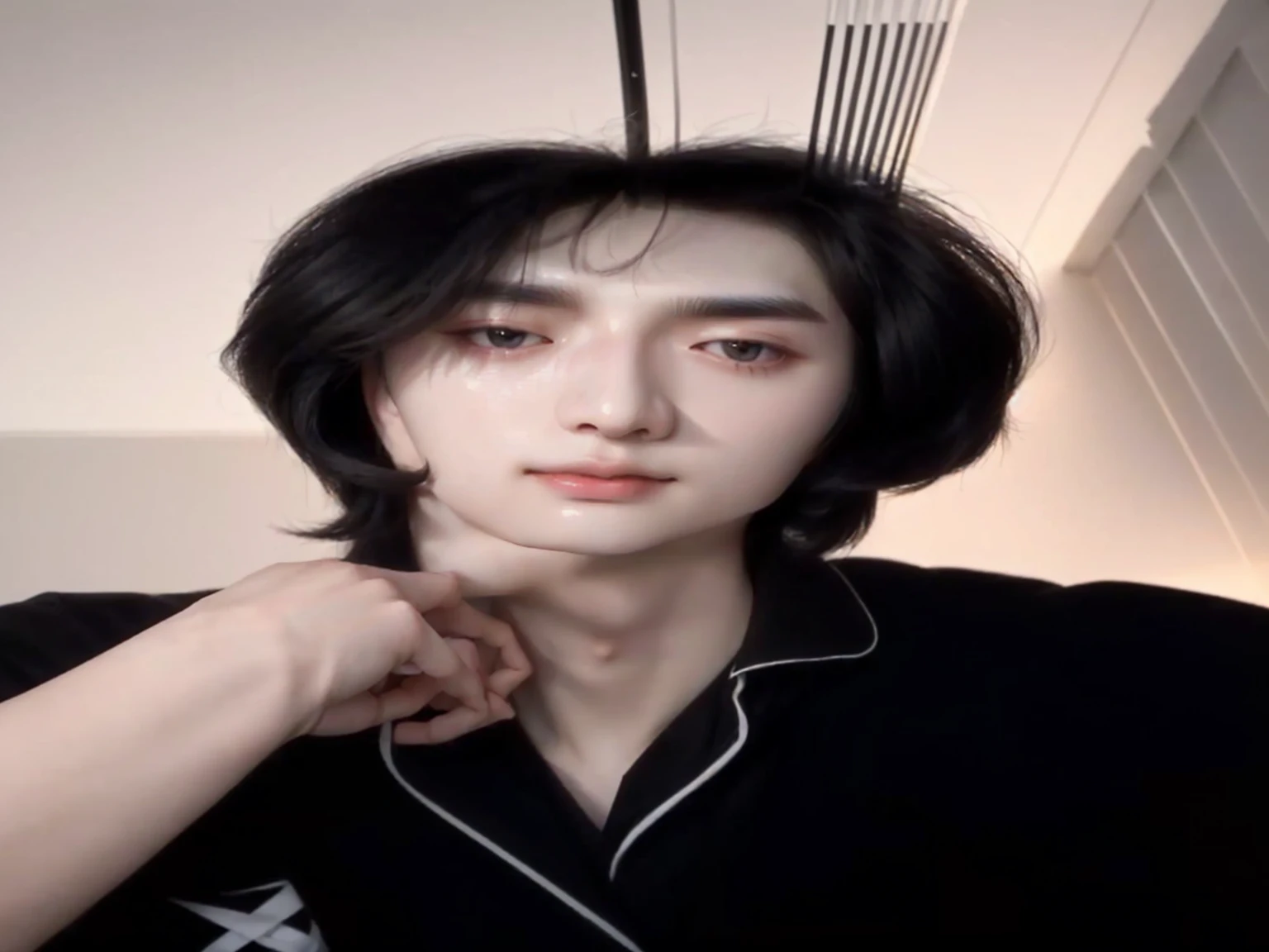 a close up of a person in a black shirt and a white shirt, cai xukun, south korean man, adorable and pale korean face, lean face, androgynous face, Jinyoung Shin, cute androgynous prince, young pale and beautiful asian face, ulzzang, delicate features, Park Seonghwa of Ateez