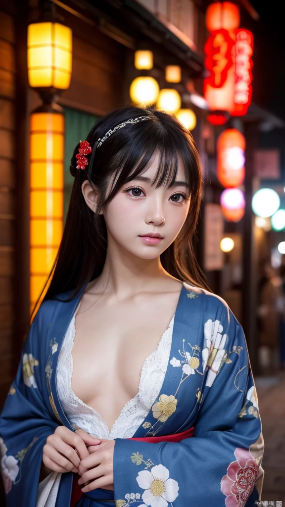 masterpiece,best quality,high resolution,8K,Realistic face,Realistic skin texture,magnified textures, 1 girl,Japanese girl, 19 years old,detailed eyes,Edo Period,Oiran、Prostitute、Fuchu、Post town、standing,black hair、 pale skin,(Sexy chest:1.2)、(from front)、Elegant kimono、Melancholic expression,slim body,beautiful kanzashi,beautiful eyes,white,look at viewer、small nose,straight nose、Red light district