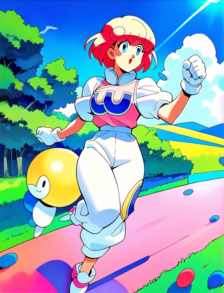 pastel,score_9,score_8_superior,score_7_superior,sauce_anime,One girl,alone,View your viewers,shirt,White puff sleeves,Short sleeve,White gloves,White pants,shoes,White footwear,Laughter,arm superior,Clenched hands,blue sky,nature,In the meadow,sun,lens_Flare,