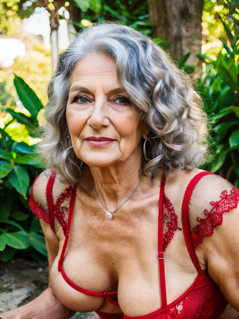 day, bright lights, old granny Sixty years old, posing in bright garden, she weard Red lace bodysuit, older beauty, jaw dropping mature older beauty, attractive grandma, a gorgeous silver curly hair, beautiful old grandma, older mature grandma, gorgeous beautiful grandma over 80 years old, beautiful silver grey hair grandma, a beautiful old grany, she has huge titis, big tits, insanely big boops