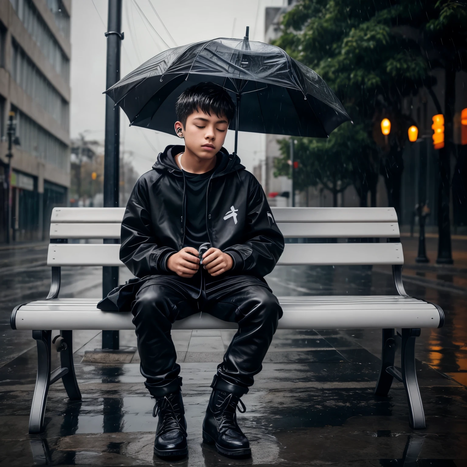 
A boy sits on a bench all alone and listens to music on headphones with his eyes closed., his clothes are all black and his boots are white, and the earphone is also black, the weather was silver and raining