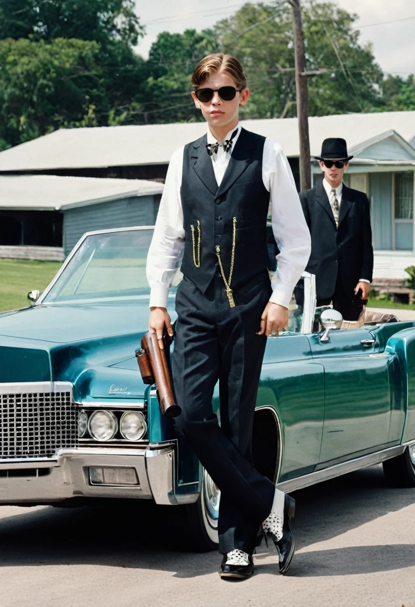 Me as a world's richest ager boy in gangster's look.me driving a Lincoln continental and pistol is present in my hand with the convoy