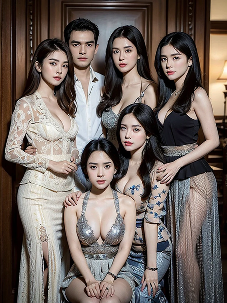 1 Family, Potrait of 3 wife Indonesian-chinese girl,1 Indonesian boy (24 years old(husband)), Harem (Polygamy), long fashion hair, fit body, small cleavage, pake bikini,merah,ungu,kuning,biru,silver,oren, skirt, masterpiece, highly detailed, ultra hd, 8k, detailed face, detailed eyes, perfect eyes, detailed skin texture, detailed lips, sexy lips, perfect hands, dynamic angle, cowboy shot, rich family