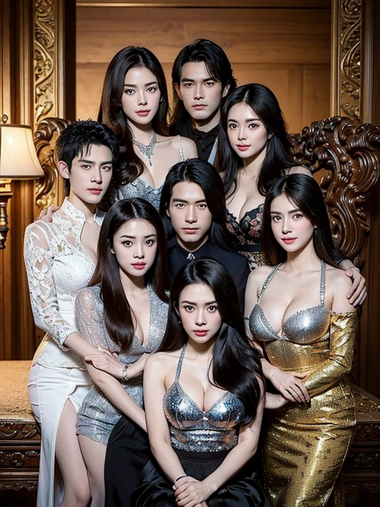 1 Family, Potrait of 3 wife Indonesian-chinese girl,1 Indonesian boy (24 years old(husband)), Harem (Polygamy), long fashion hair, fit body, small cleavage, pake bikini,merah,ungu,kuning,biru,silver,oren, skirt, masterpiece, highly detailed, ultra hd, 8k, detailed face, detailed eyes, perfect eyes, detailed skin texture, detailed lips, sexy lips, perfect hands, dynamic angle, cowboy shot, rich family