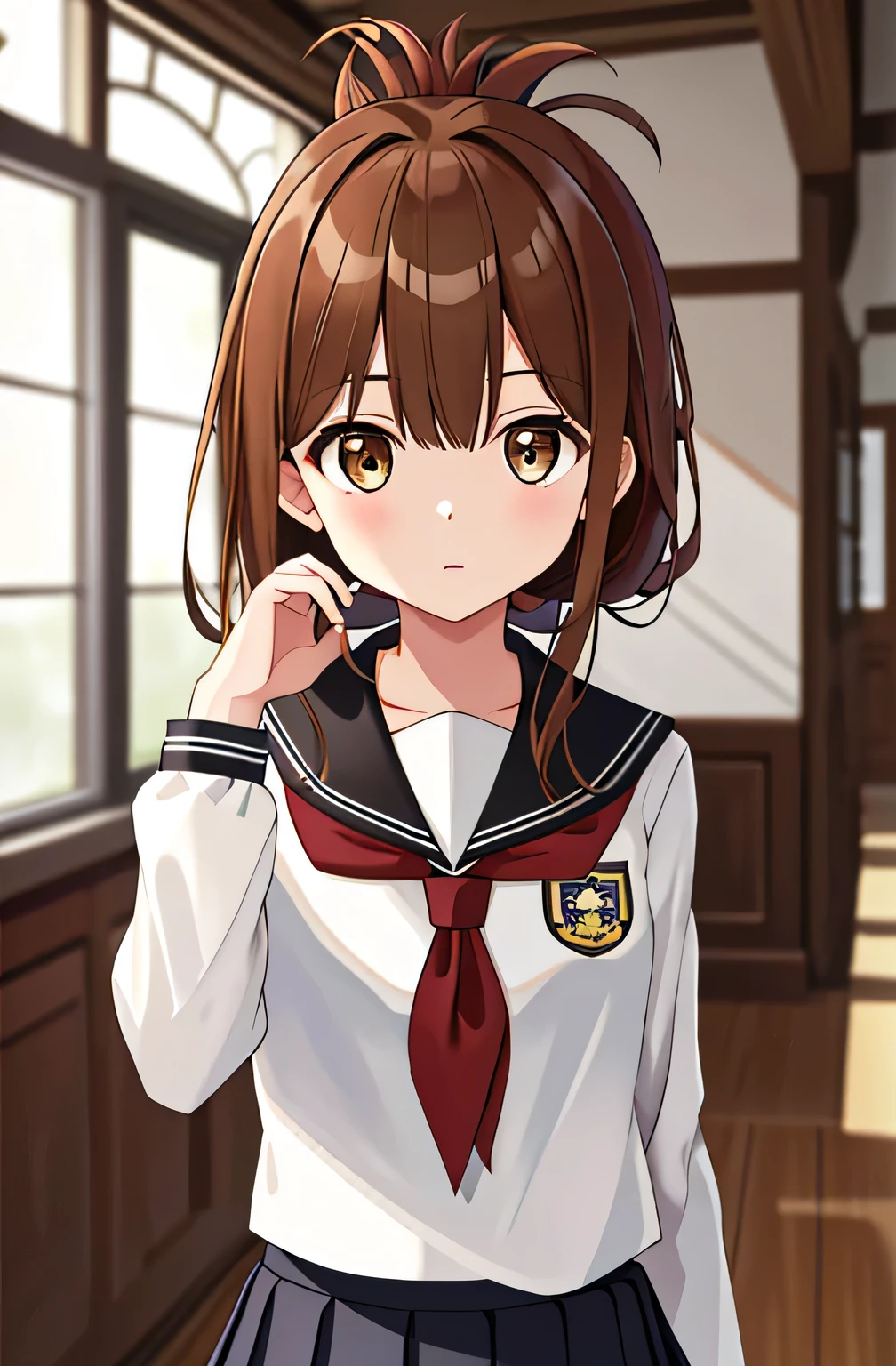 (masterpiece, Highest quality:1.2),figure,8K,High resolution,One girl,alone,Upper Body,(Portraiture:1.2),brown_hair,Folded_ponytail,brown_eye,Seraphim,length_hair,School_uniform,skirt,Pleats_skirt,
