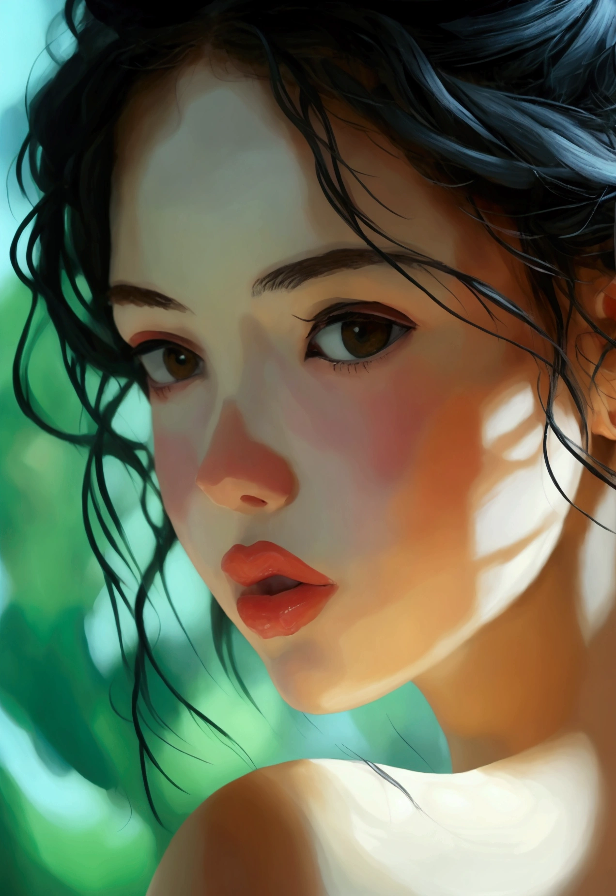 She has a pale face and rosy cheeks. her eyes are big, a little on the rollout, Greens, and they look meekly and soulfully. The features of her wonderful face were graceful, with a sharp long, narrow nose, straight forehead and regular oval face. Her even profile was also noticeable, as if carved from marble by the chisel of a talented sculptor. She has thin lips. Black curls fall in wild waves onto her shoulders..