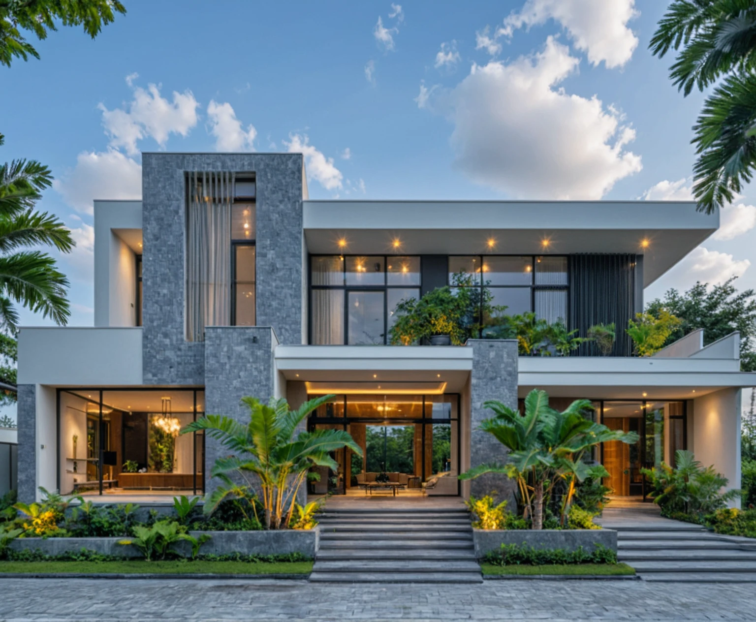 Masterpiece, high quality, best quality, authentic, super detail, outdoors, onestoreyvillaXL, aiaigroup, house style modern on the street ,stairs, white wall ,road,pavement, grass, trees, sky, cloud, (daylight:1.1)