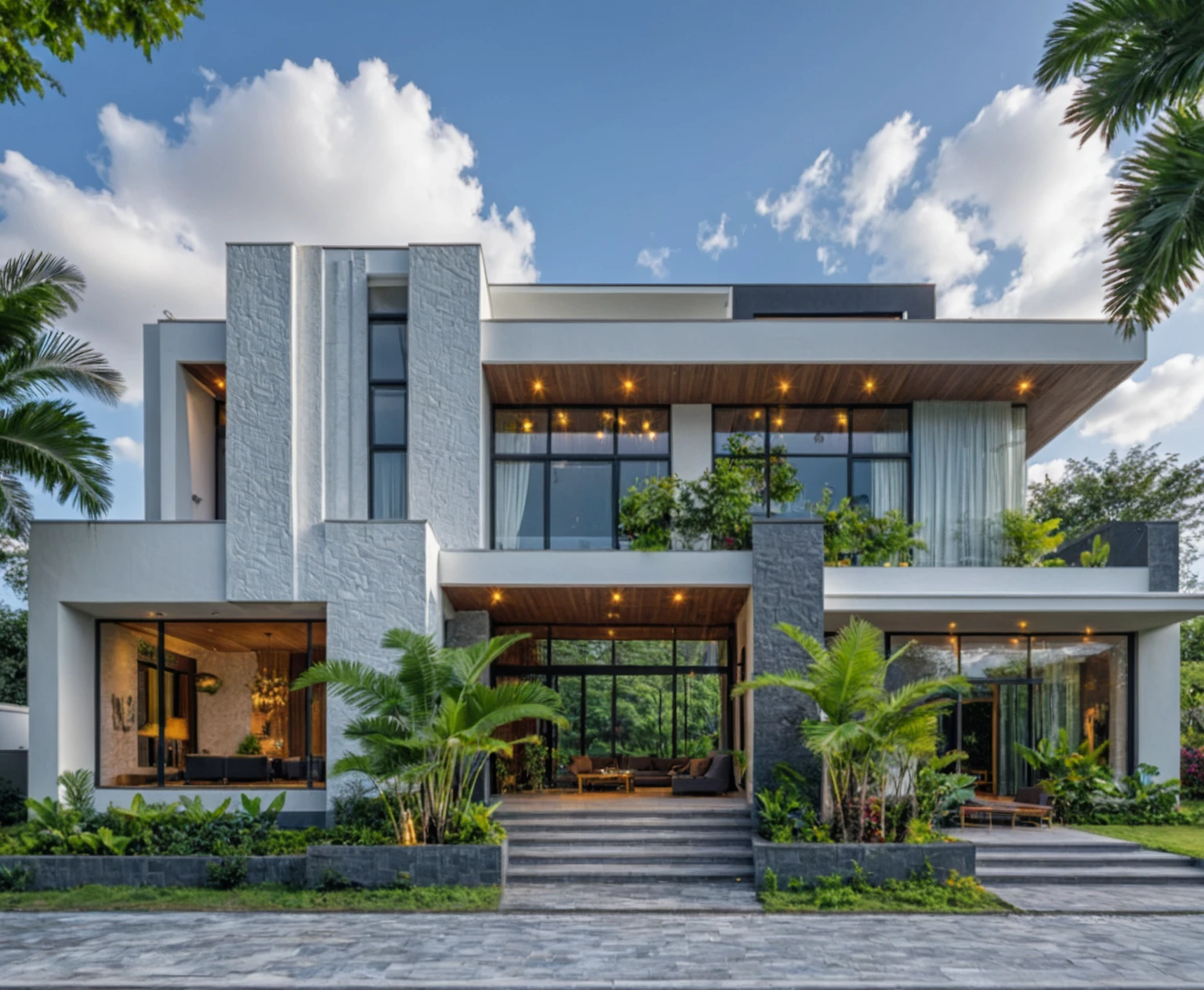 Masterpiece, high quality, best quality, authentic, super detail, outdoors, onestoreyvillaXL, aiaigroup, house style modern on the street ,stairs, white wall ,road,pavement, grass, trees, sky, cloud, (daylight:1.1)
