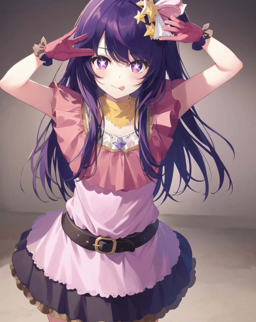 1girl, full body, cowboy shot,
(Rembrandt), illustration, (masterpiece), (best quality), (ultra_detailed), finely detail, (Depth of field),
HshinoAi,gloves, tongue out, tongue, long hair, star \(symbol\), looking at viewer, (purple hair:1.2), purple eyes, upper body, hair ornament, :p, frills, pink shirt, smile, sleeveless, shirt, idol, symbol-shaped pupils, hands up, bangs, one side up, star-shaped pupils, arms up,
dress pull,
Roaring Twenties, isometric, from above, sky, flower, cliff,
