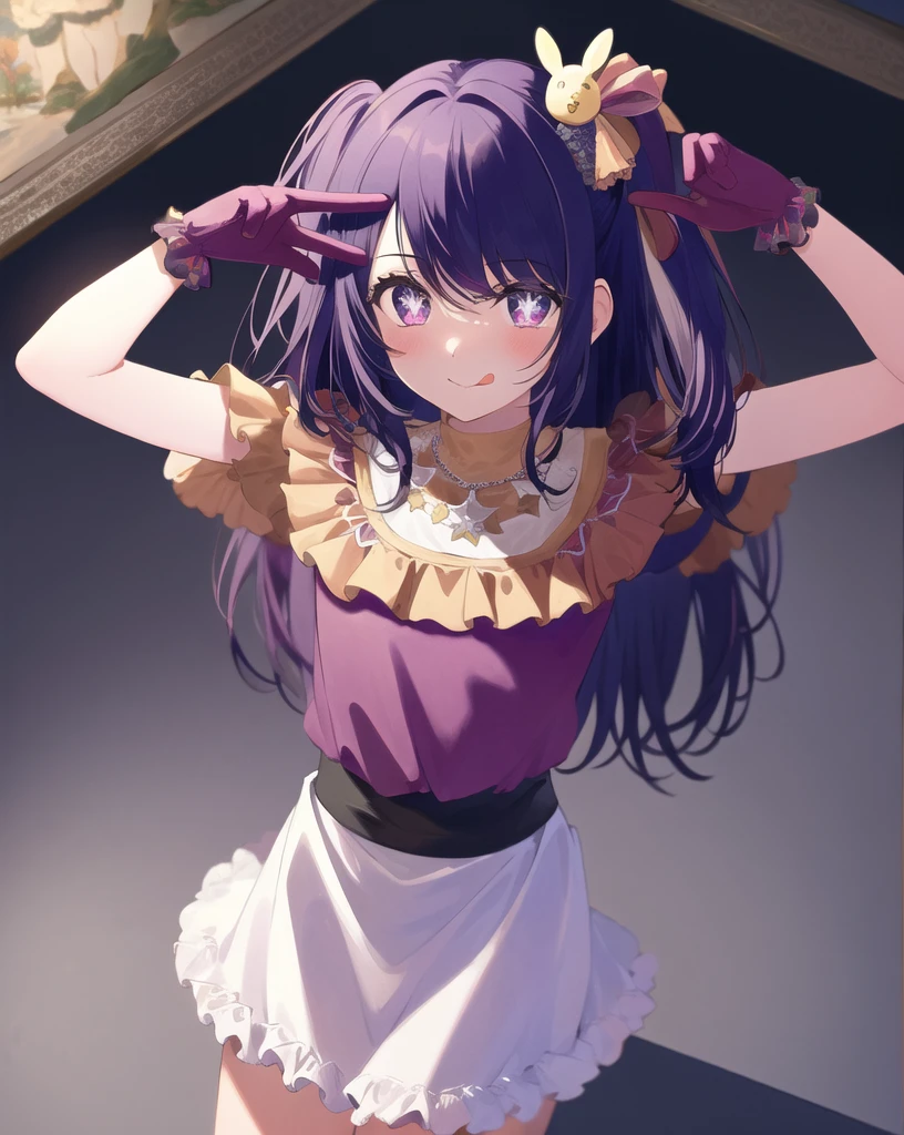 1girl, full body, cowboy shot,
(Rembrandt), illustration, (masterpiece), (best quality), (ultra_detailed), finely detail, (Depth of field),
HshinoAi,gloves, tongue out, tongue, long hair, star \(symbol\), looking at viewer, (purple hair:1.2), purple eyes, upper body, hair ornament, :p, frills, pink shirt, smile, sleeveless, shirt, idol, symbol-shaped pupils, hands up, bangs, one side up, star-shaped pupils, arms up,
dress pull,
Roaring Twenties, isometric, from above, sky, flower, cliff,
