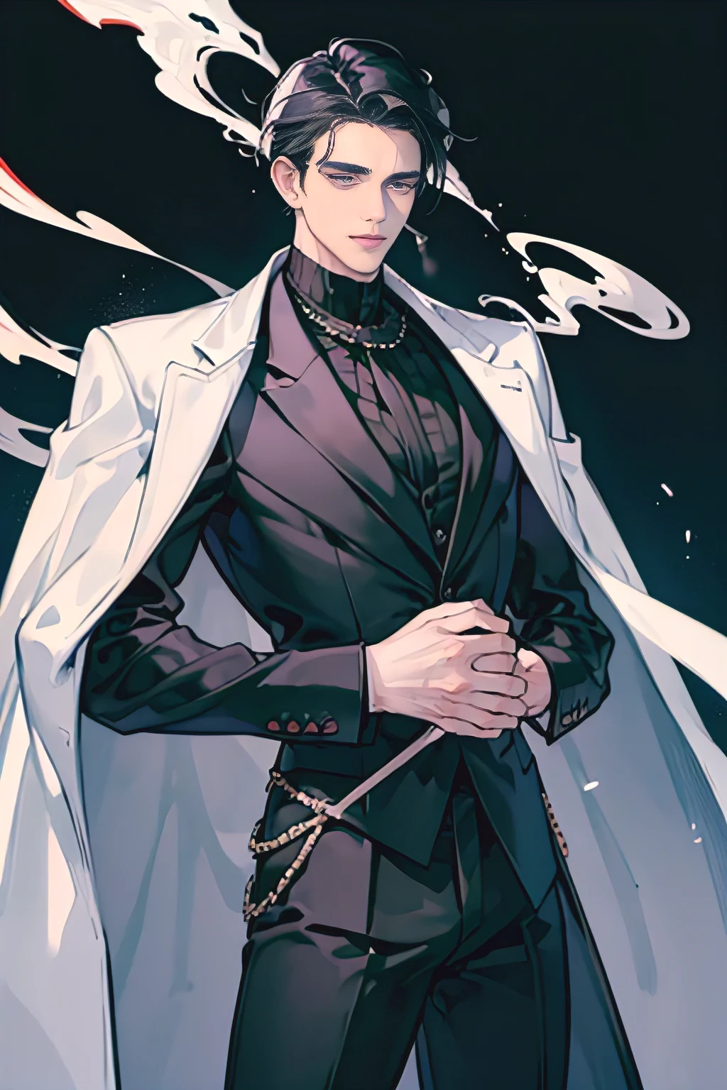 (masterpiece), best quality, seductive eyes, mature face, handsome man, jet black eyes, white slicked back hair, black turtleneck, black pants, black coat, broad shoulders, anime cover, 1boy, masculine, smoking, adult-like look
